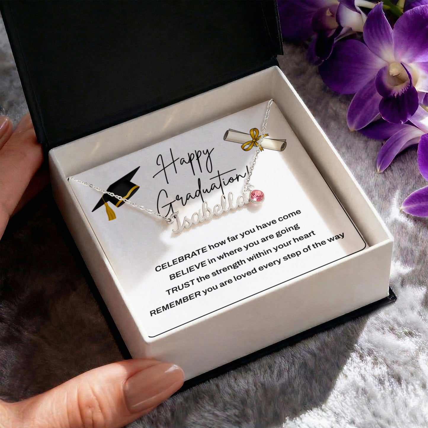 Personalized Graduation Necklace with Name & Birthstone – Custom Daughter Gift