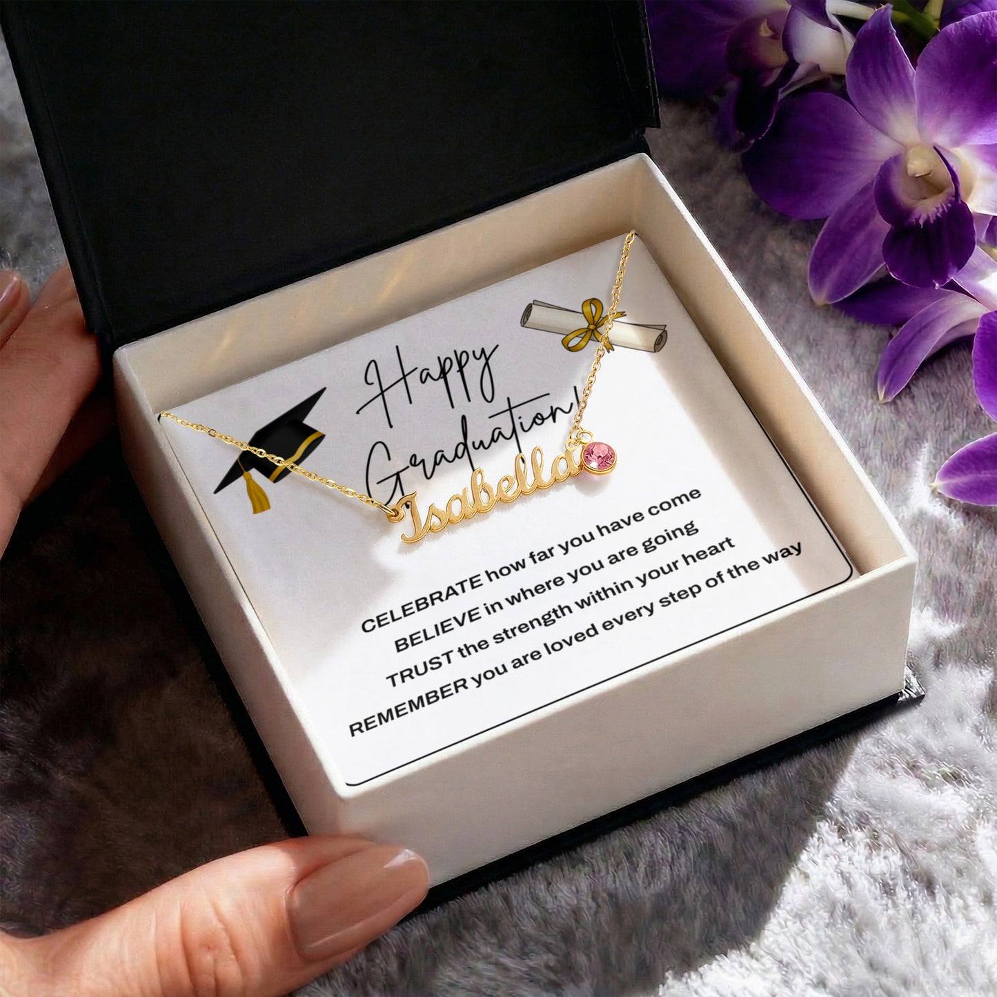 Personalized Graduation Necklace with Name & Birthstone – Custom Daughter Gift